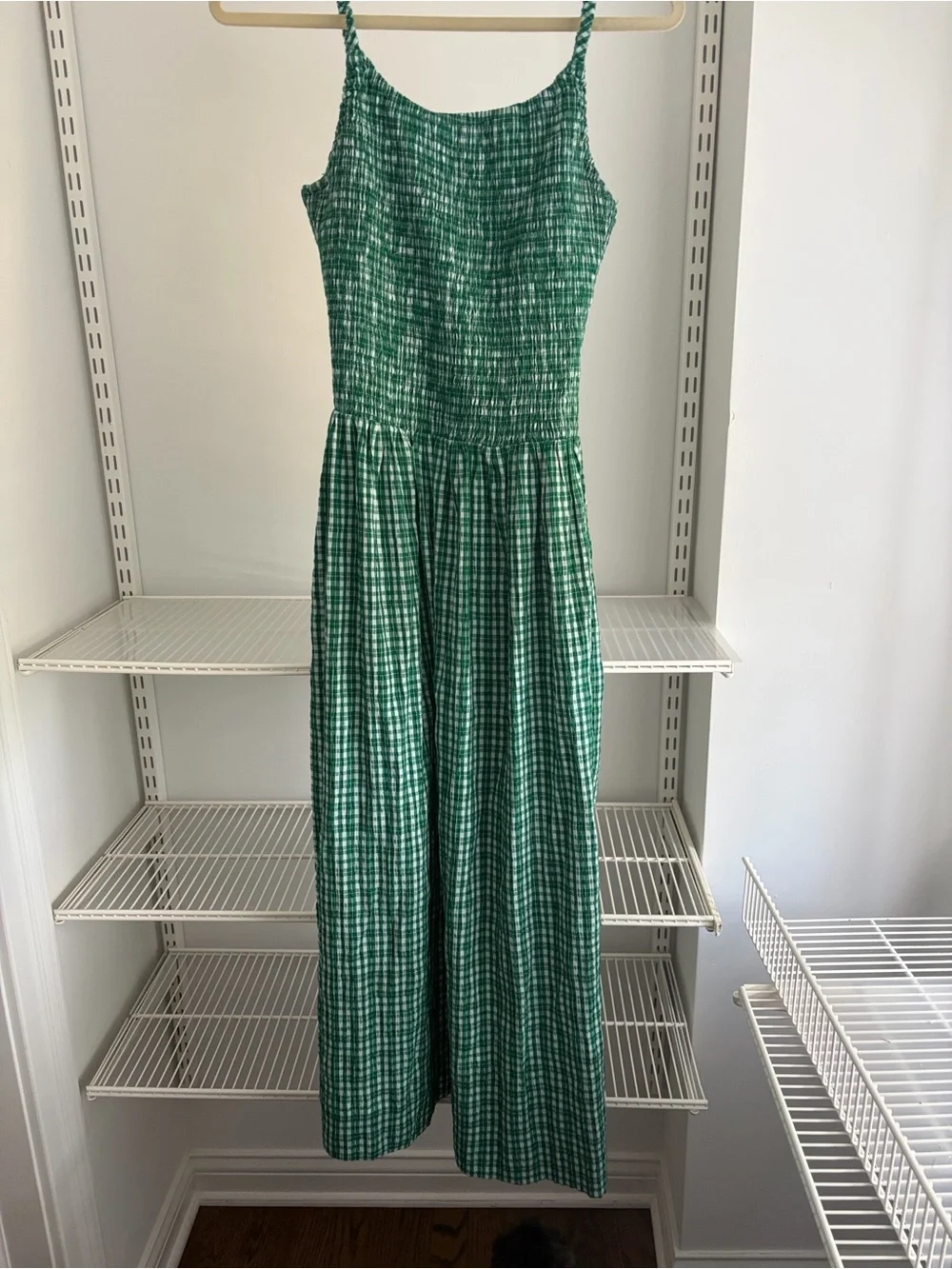 Smocked Green Midi Dress with Adjustable Spaghetti Straps